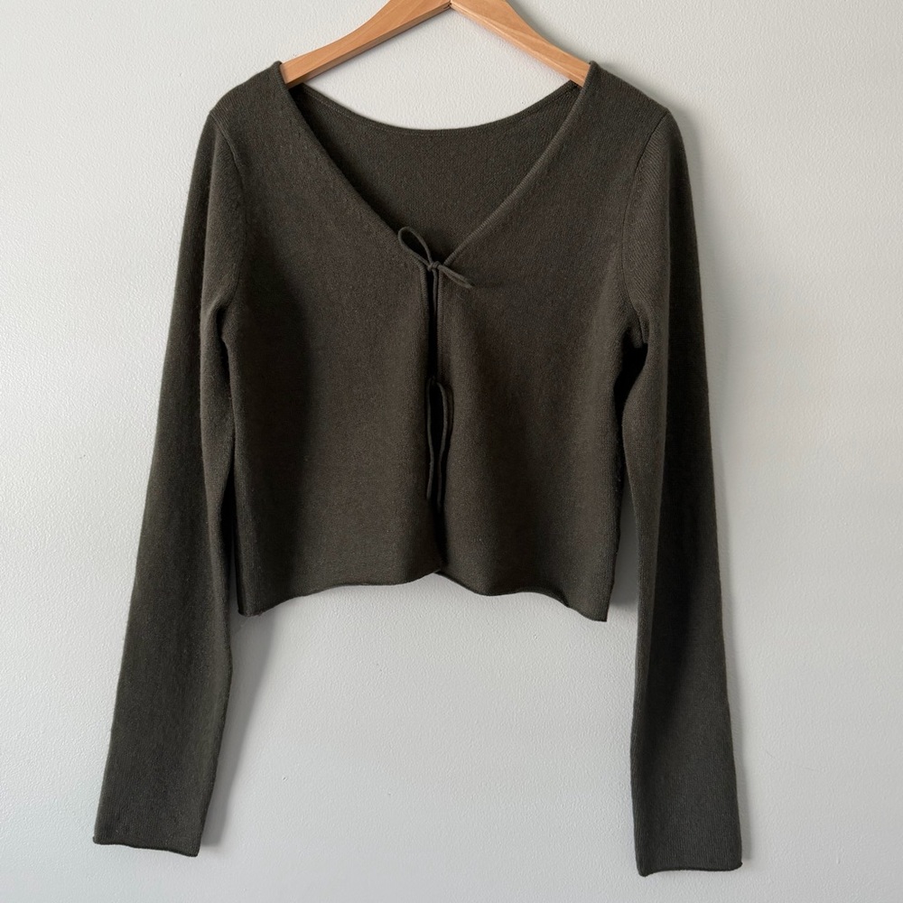 NakedCashmere Dark Olive Cashmere V-Neck Tie-Front Knit Sweater Cardigan Sz M